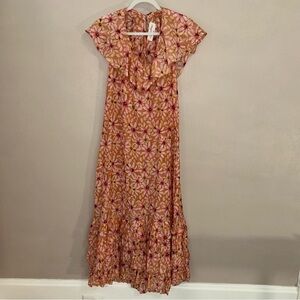 Chic Floral SUNDRESS Maxi daisys Dress in Pink and Orange ruffle hem